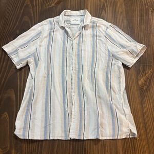 Hollister Men's XL Button Up Shirt Tan White Blue Stripe Cotton Linen Blend 🌴